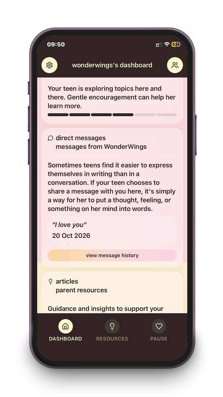 Messages from her on the parent dashboard: a short message she chose to send, with the date, and a link to earlier messages.