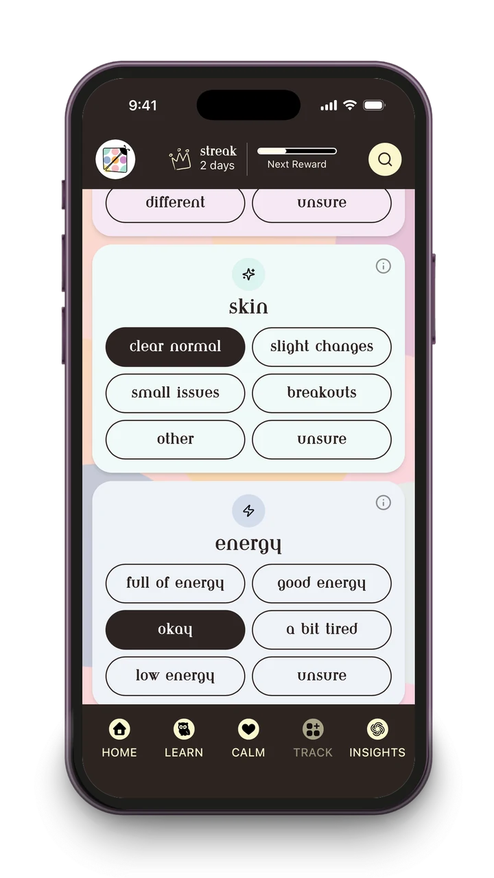 The tracker in the app: today's check-in, with a choice of answers for skin and for energy.